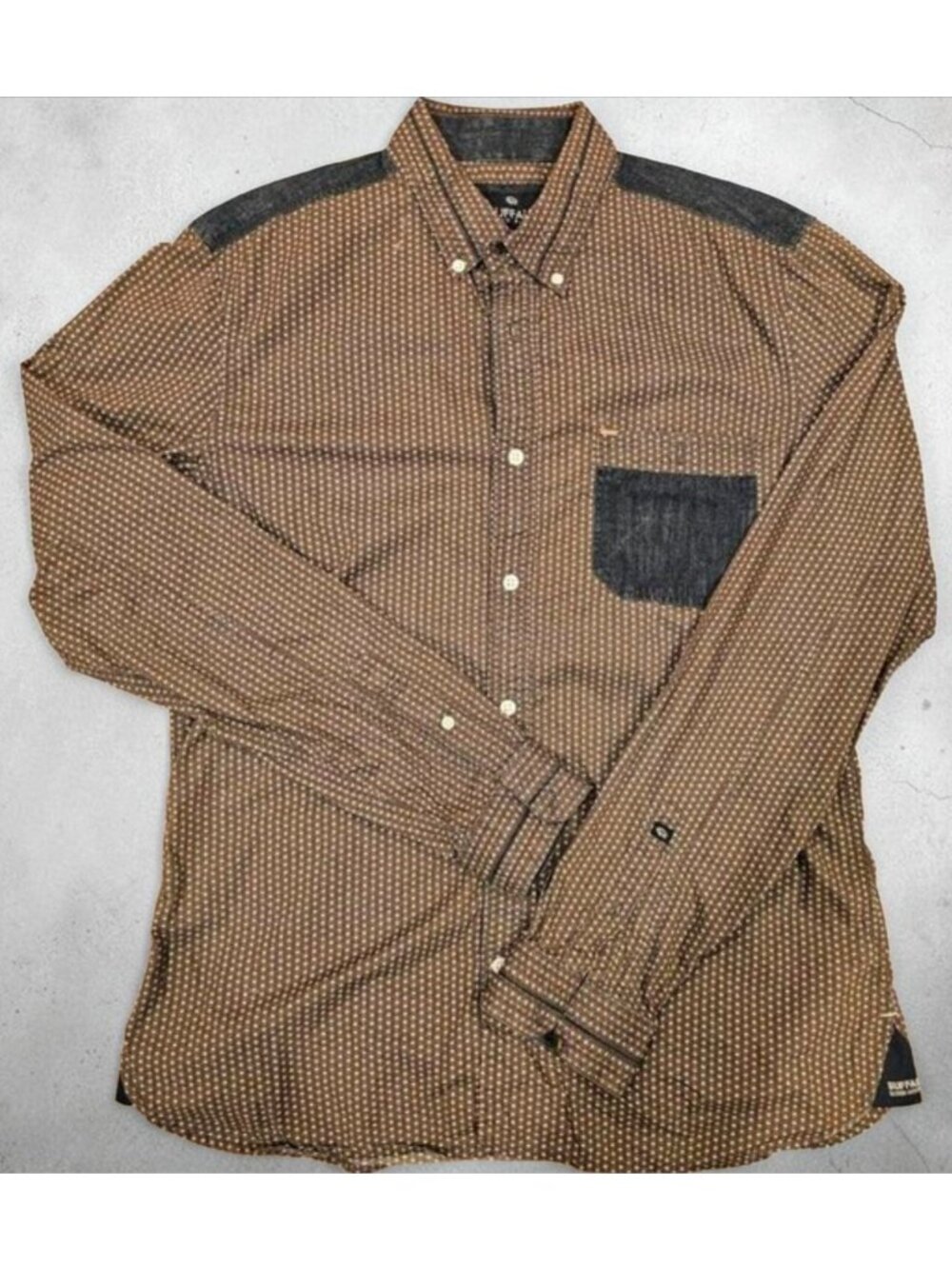 Buffalo David Bitton Mens Slim Fit Button-Up Shirt Brown/Denim Print M Long Slee